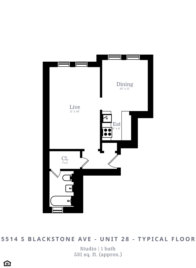 Floor plan for studio, 1 bath, 571 sqft